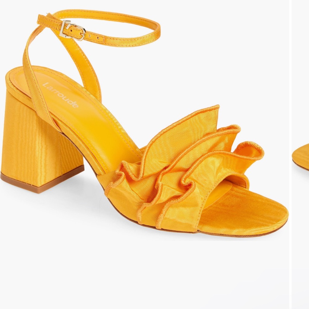 Larroudé - Selena Ruffle Ankle Strap sandal - color Mango. Size 6.5